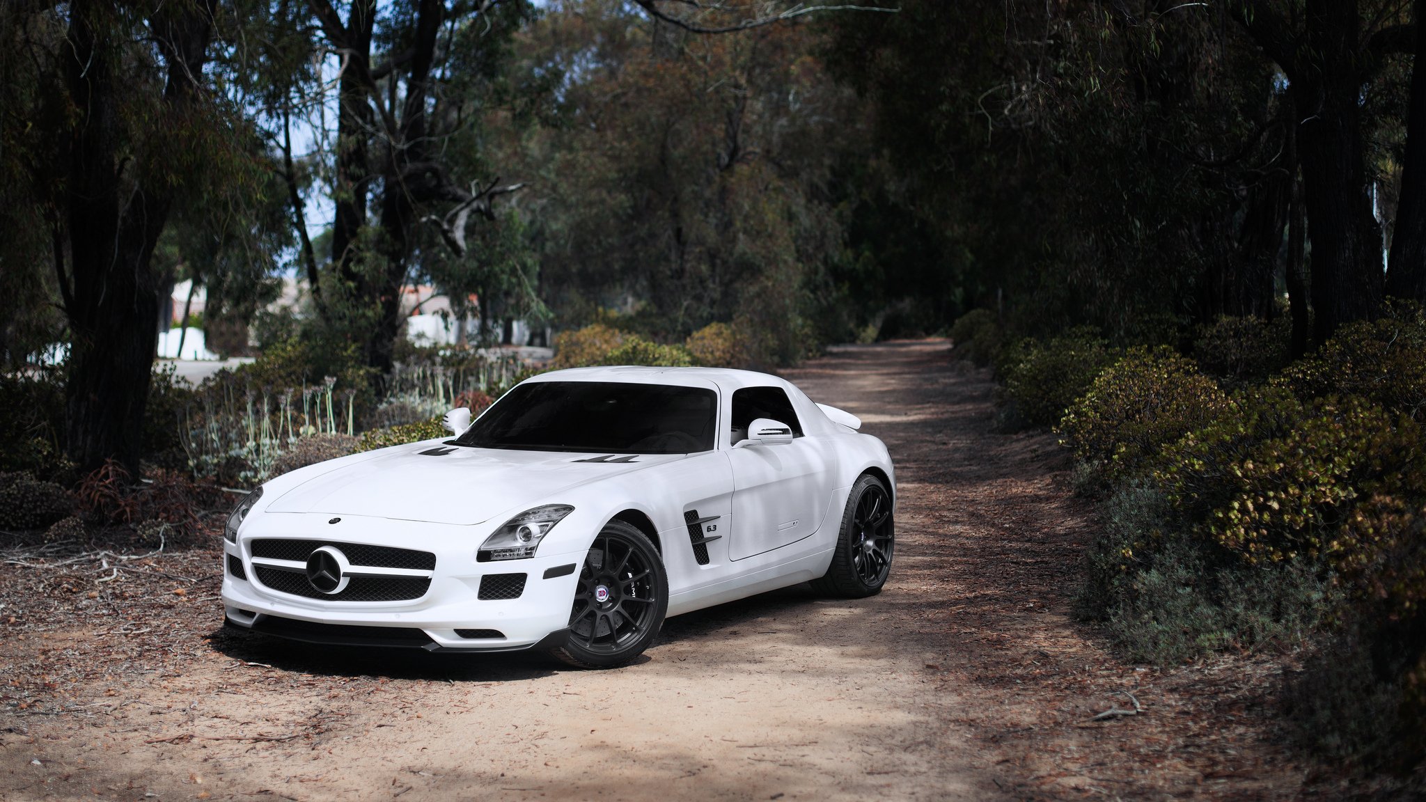 mercedes benz sls amg blanco mercedes benz sls amg vista frontal tonificado llantas negras árboles