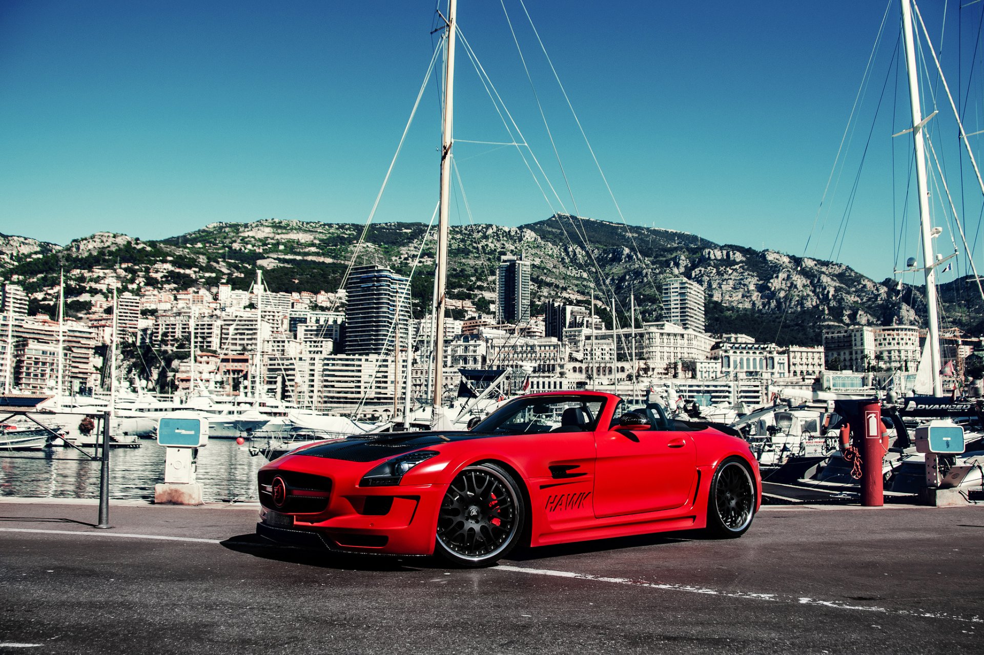 mercedes sls amg hamann hawke tuning czerwone jacht góry budynek wyspa mercedes sls hamann jachty budynki wyspa