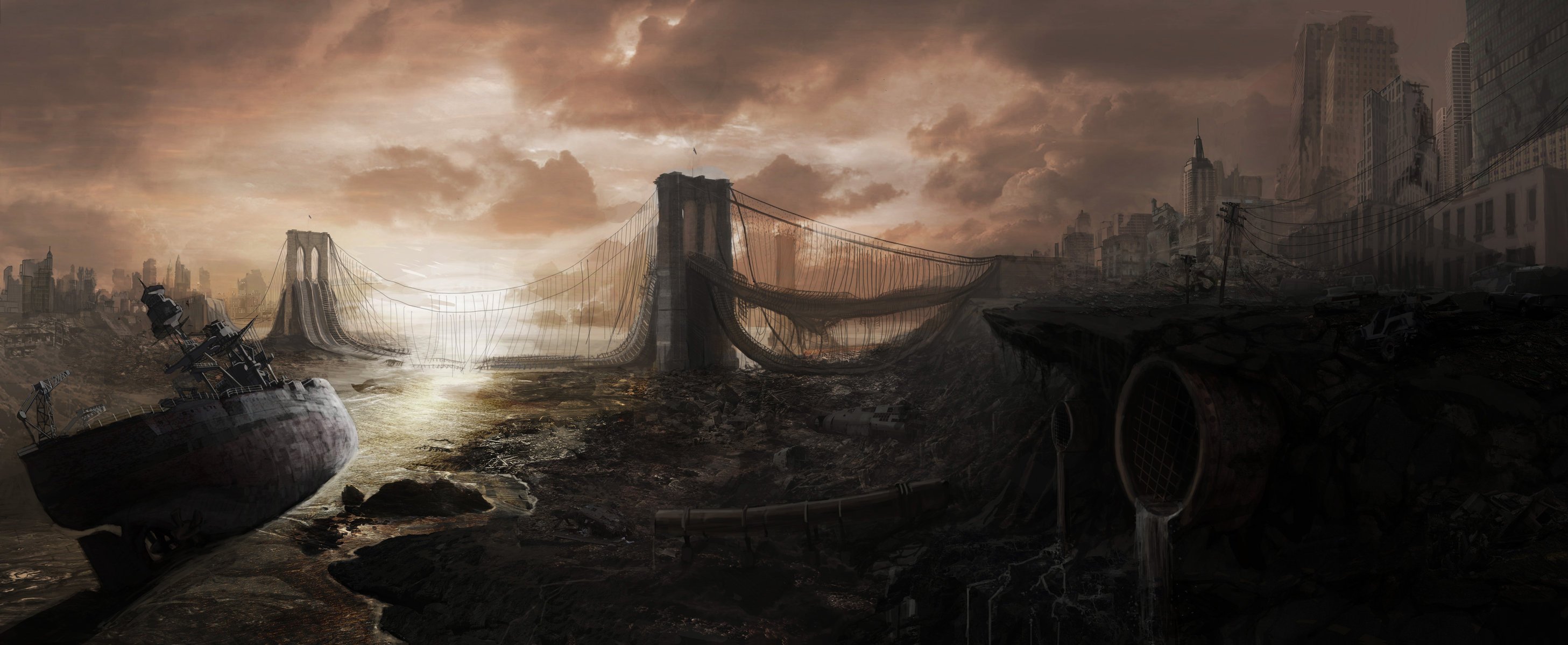 postapokalipsis ruins bridge devastation the city ship