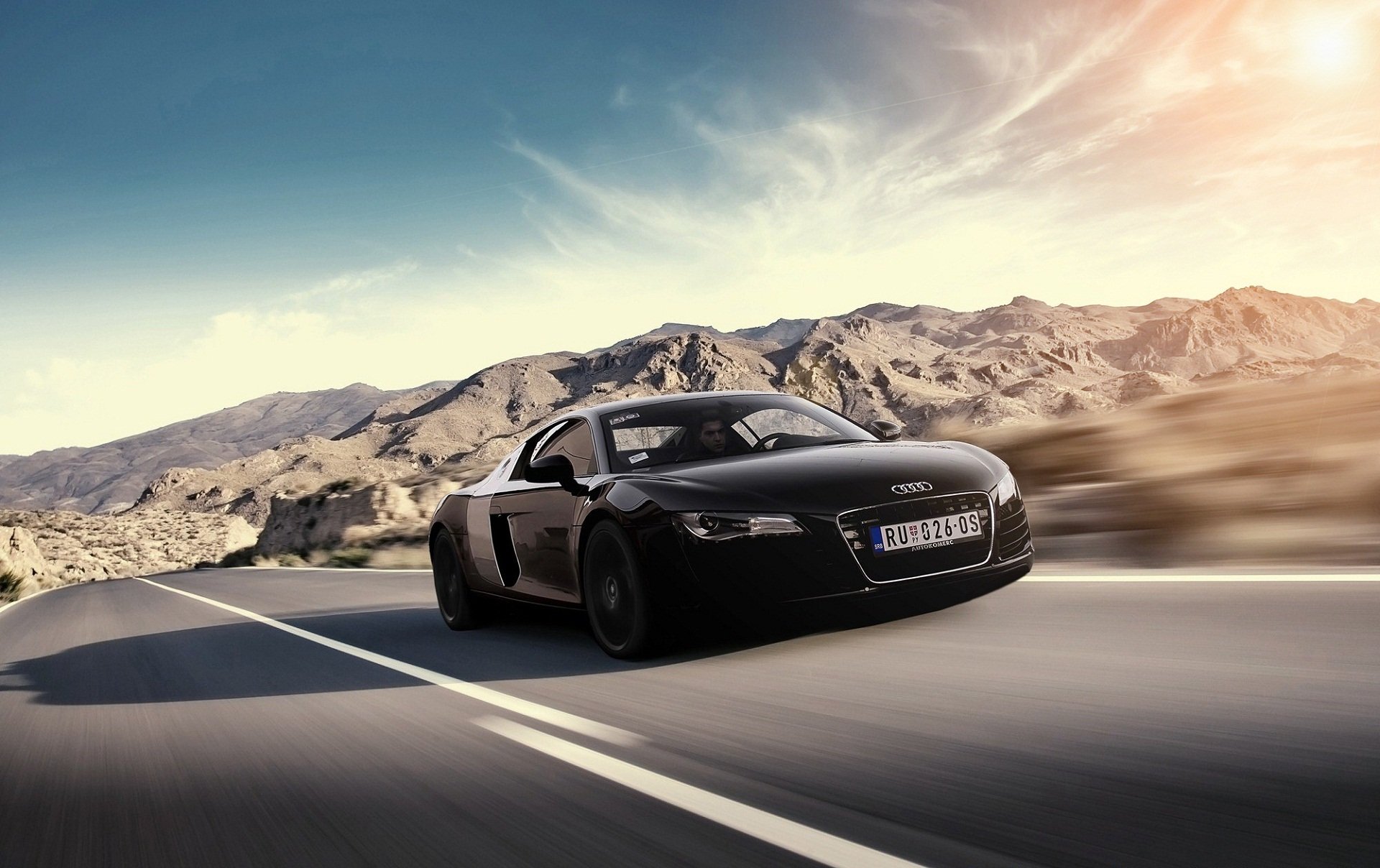 audi r8 black front audi mountains speed sun glare