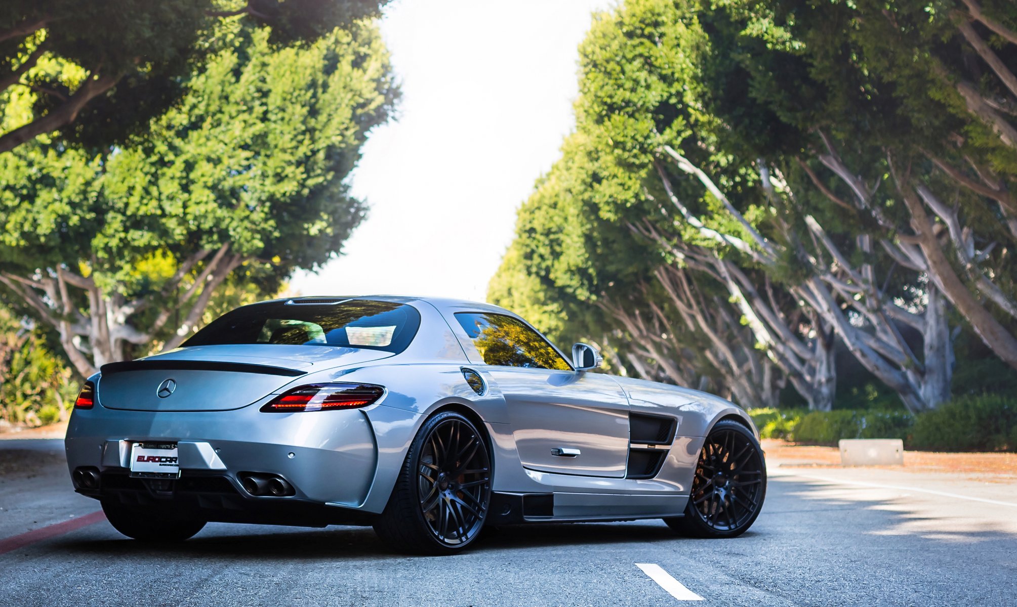 mercedes sls amg silber zurück straße baum mercedes amg silber bäume