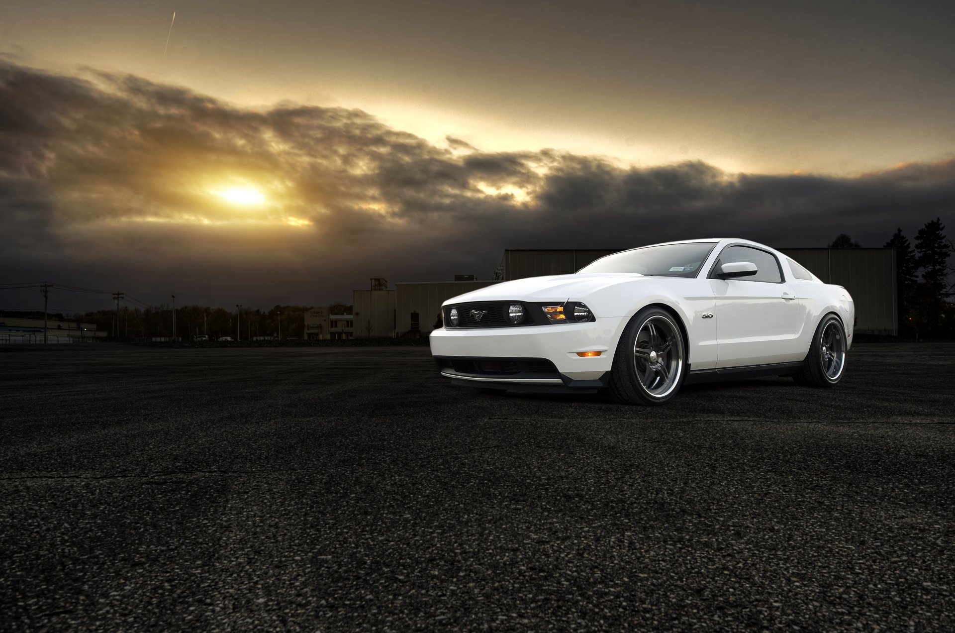 ford mustang 5.0 gt biały muscle car przód muscle car słońce zachód słońca