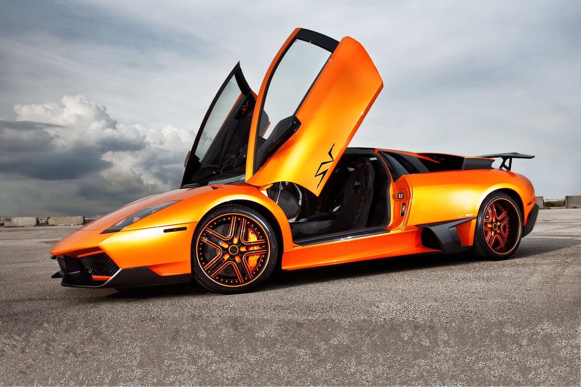 lamborghini murcielago lp670-sv naranja lamborghini mursielago perfil discos puertas guillotina cielo nubes