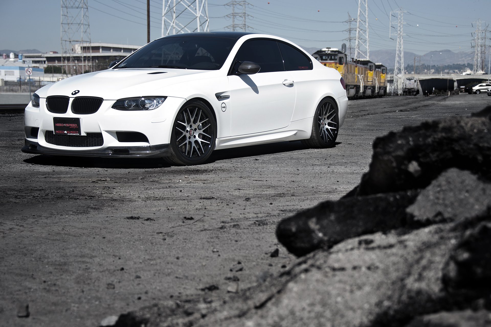 bmw m3 e92 white wheels railway bmw train sky power line car