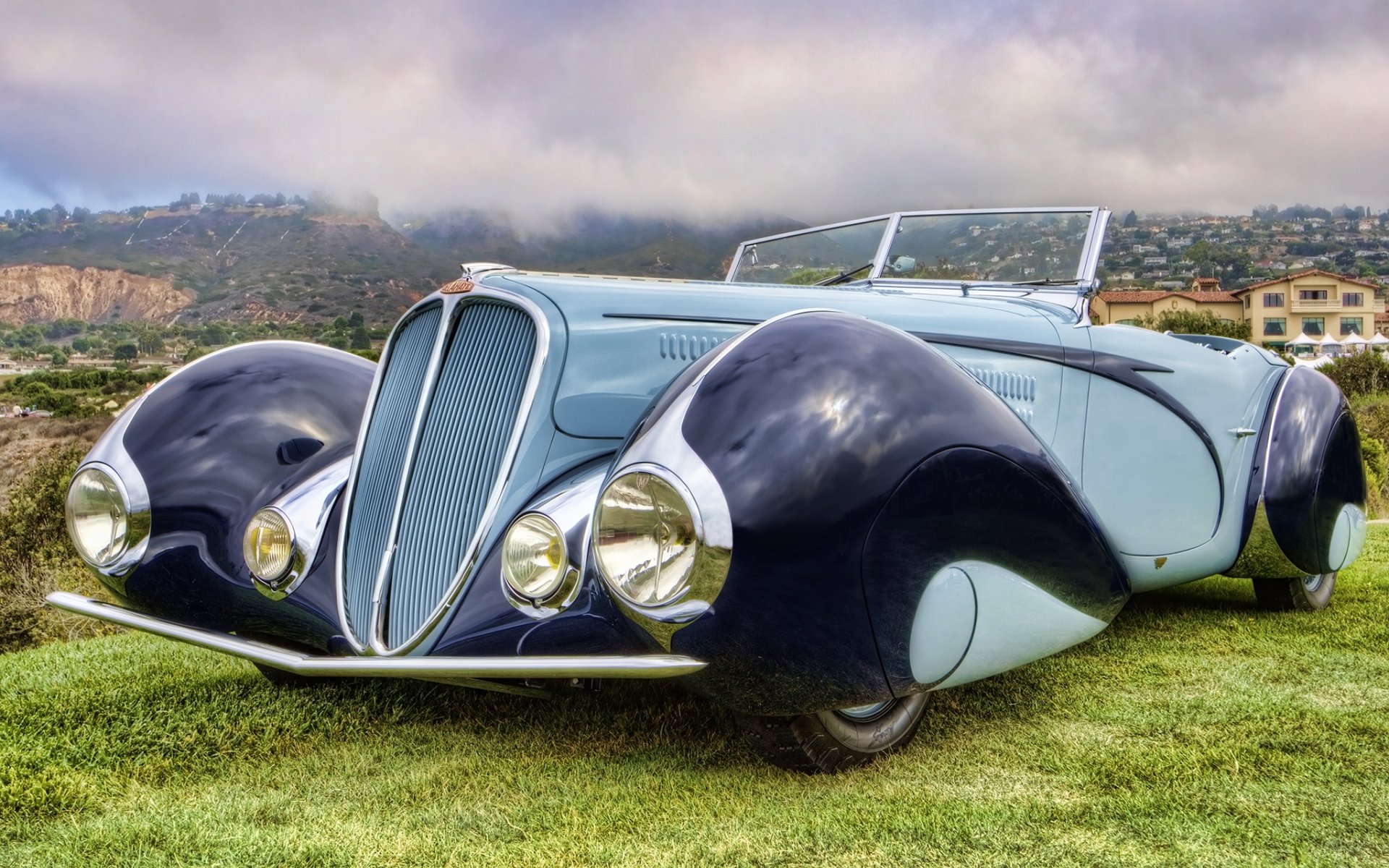 delahaye 135m cabrio von figoni&falaski 1937 tun front retro schönes auto himmel hintergrund