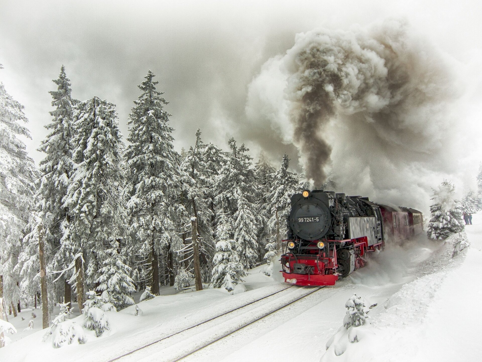 team engine train composition winter snow tree spruce rails smoke