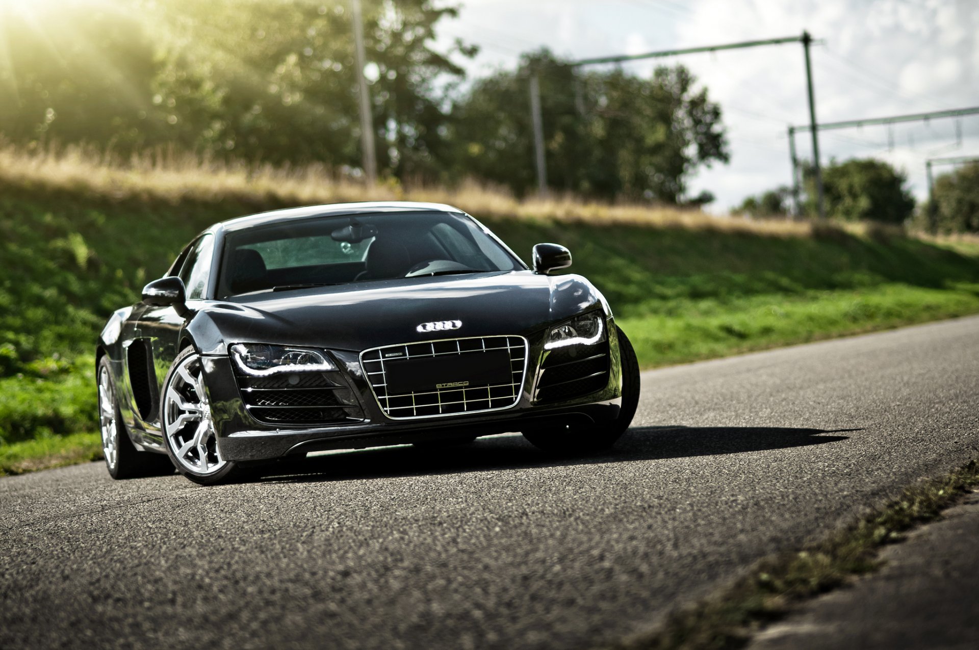 audi r8 black front audi road glare