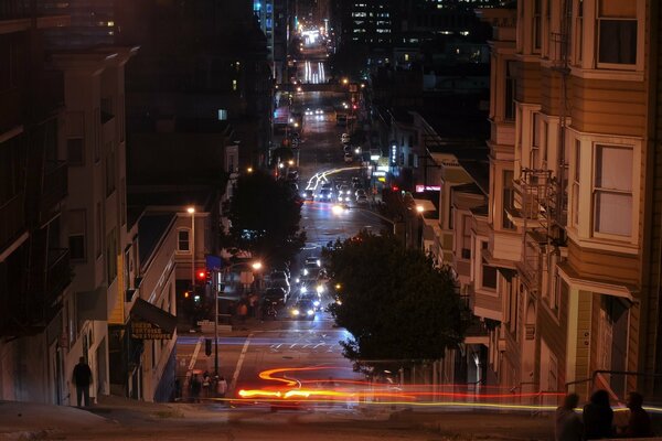 Lights on the streets of San Francisco at night