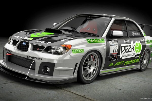 Sporty subaru impreza in a body kit and art stickers