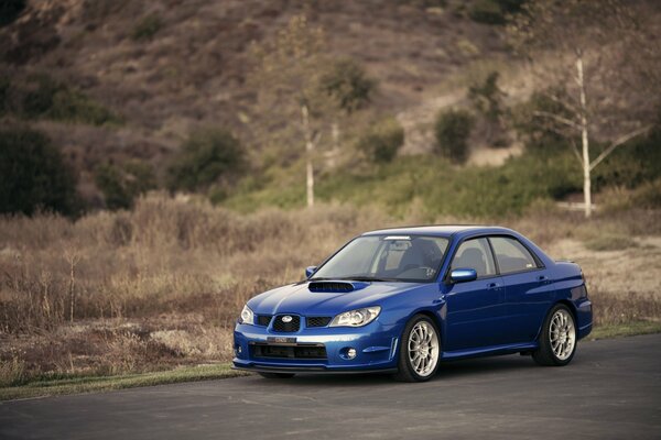 Subaru Impreza azul contra terreno montañoso y hierba árida