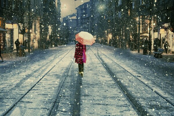 A picture of a girl walking down a snowy street with an umbrella