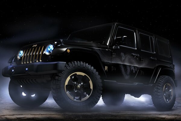 Jeep rangler Concept en penumbra con faros encendidos