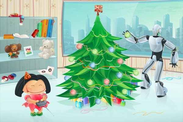 Niña con robot controlado cerca del árbol de Navidad