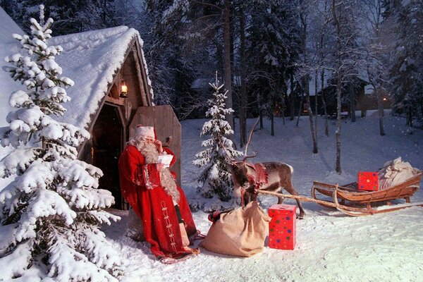 Santa Claus and reindeer are getting ready to deliver gifts