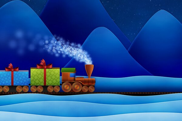 Панорамный рисунок паровоза с подарками для хороших детей