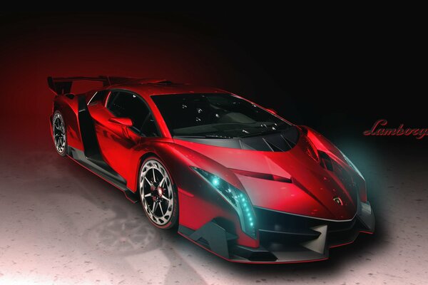 Czerwony supersamochód Lamborghini z zapalonymi reflektorami