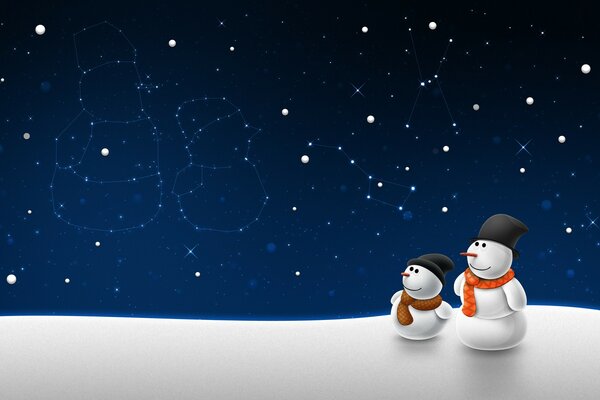 Two snowmen look at their own constellations at night