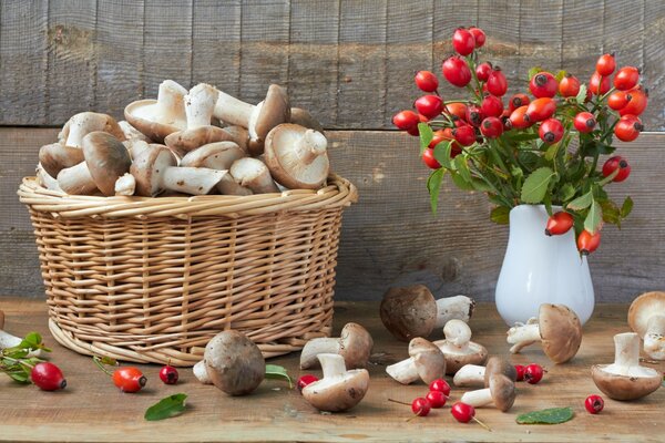 Natura morta con funghi champignon e biancospino