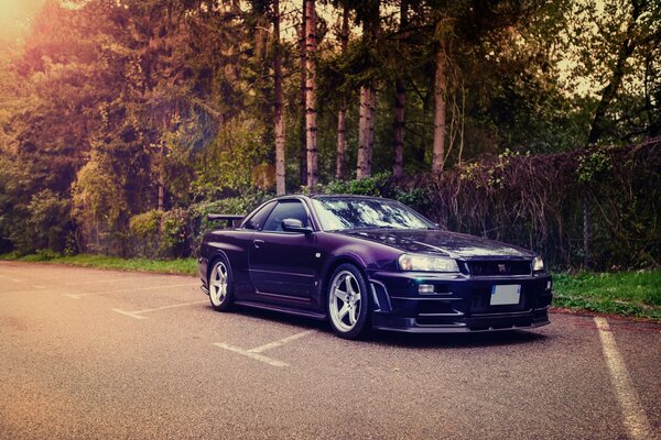 Blue Nissan in the parking lot against the background of the forest