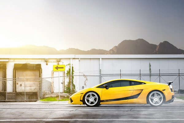 Lamborghini jaune chevauche le mur avec un motif