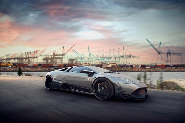 Frente a la construcción en el río Lamborghini vista frontal