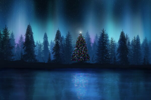 Brillo del árbol de Navidad durante la Aurora boreal en el bosque