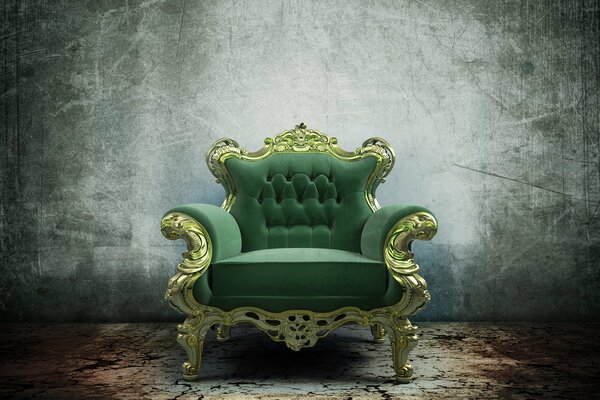 A green chair with a golden peretochka stands in the room