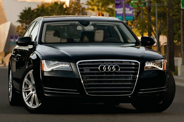 Black Audi sedan front on the street