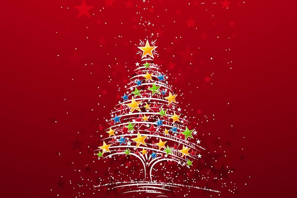 The Christmas tree on a red background glitters