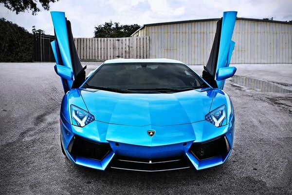 Lamborghini blue car with open doors