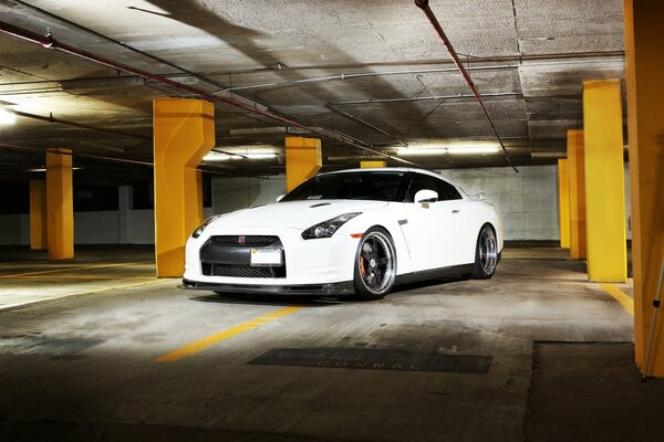White nissan gtr in the parking lot