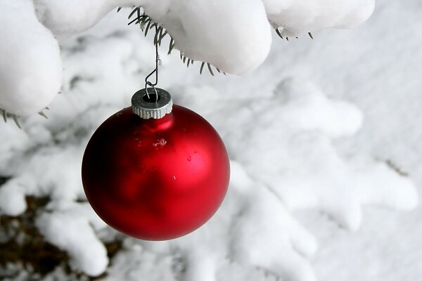 Red New Year s ball on the background of snow