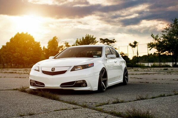 Berline acura tsx blanche au coucher du soleil