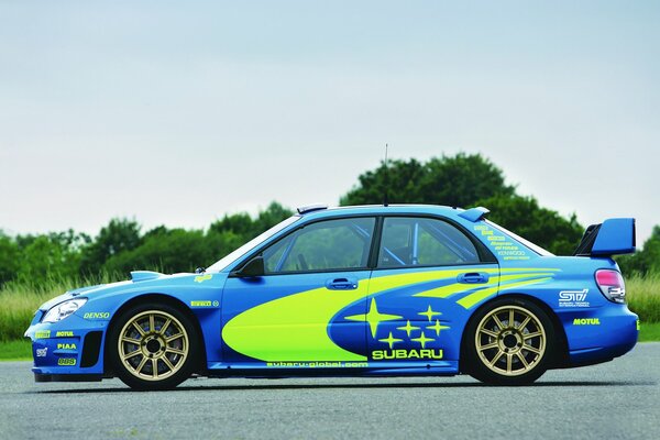 Coche deportivo de color amarillo y azul sobre el fondo de la naturaleza