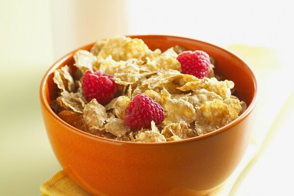 Müsli zum Frühstück mit Himbeeren in einer schönen Untertasse