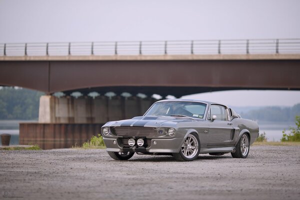 Grey Ford Mustang under the bridge
