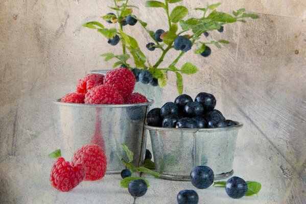 Framboises et bleuets sur fond de texture