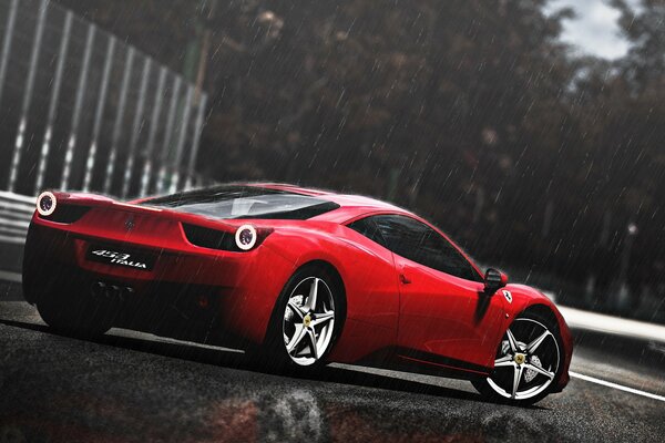 Piękne czerwone Ferrari w deszczu