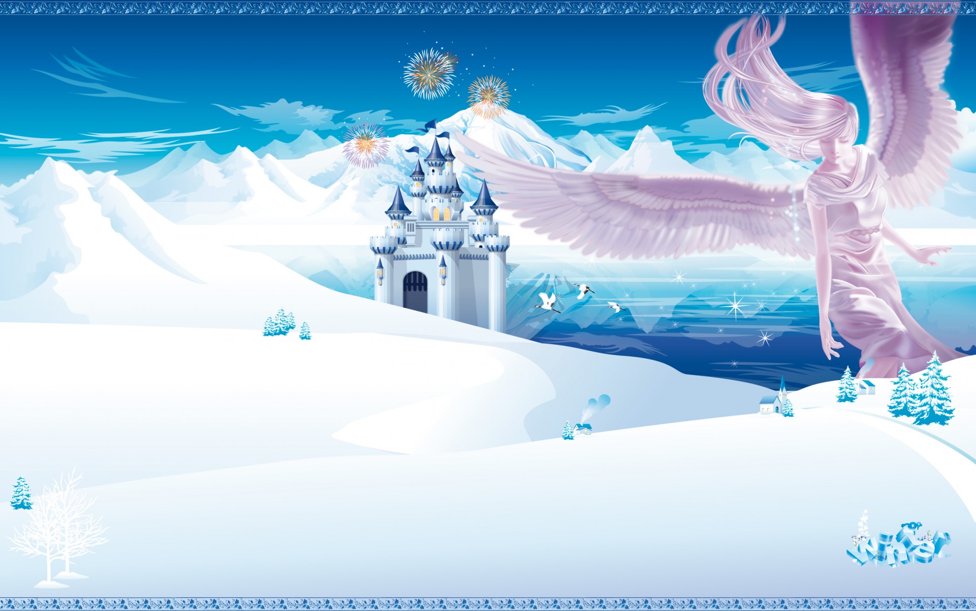 winter anime castle mountain angel