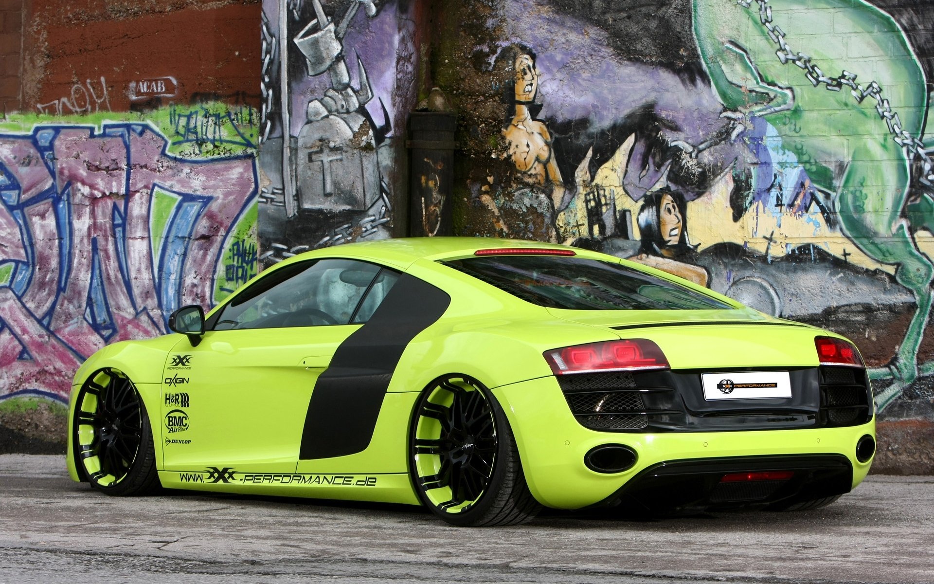 xxx performance audi r8 v10 audi p8 b10 supercar rear view tuning rims wall graffiti background