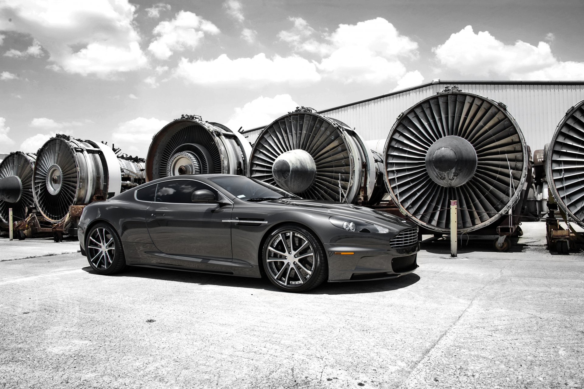 aston martin dbs grey sky clouds aston martin dbs side view