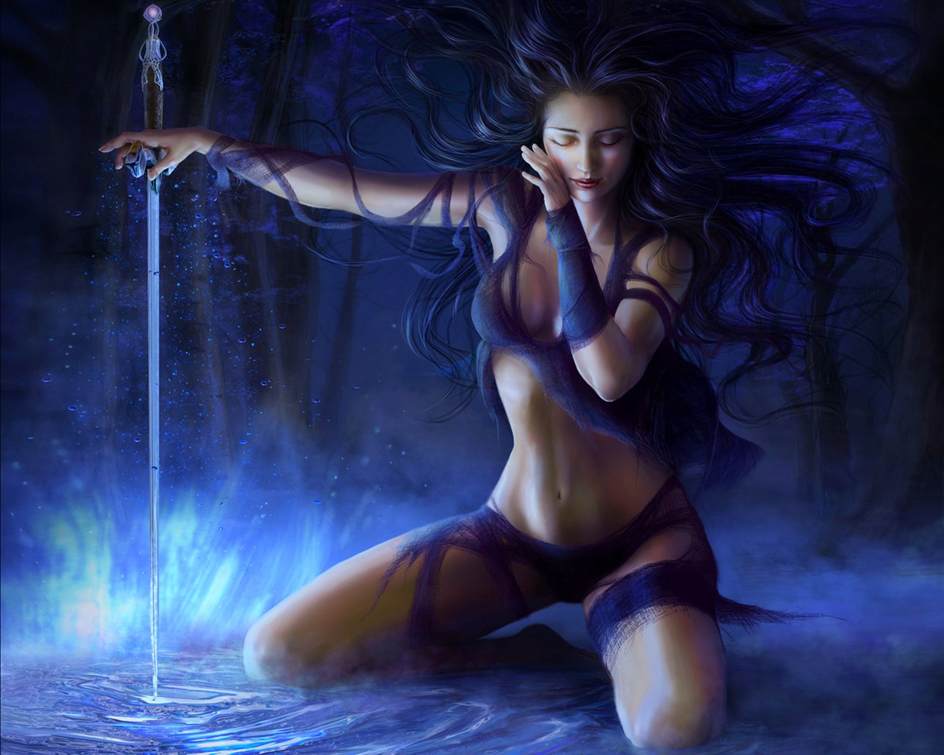 girl forest sword fog night long hair magic fantasy warrior the dark background creative