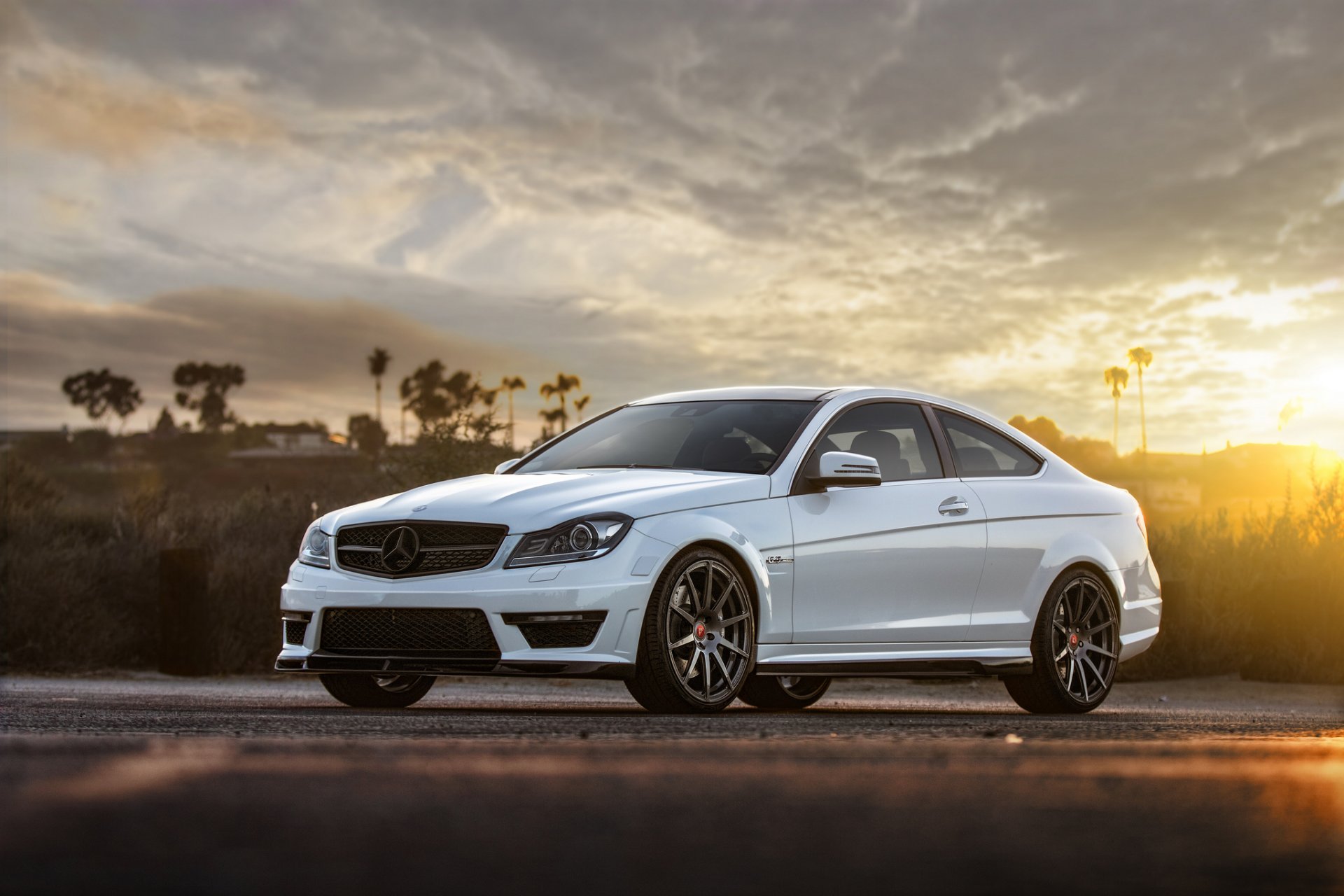 mercedes-benz c-klasse c 63 amg white front mercedes benz sun sunset