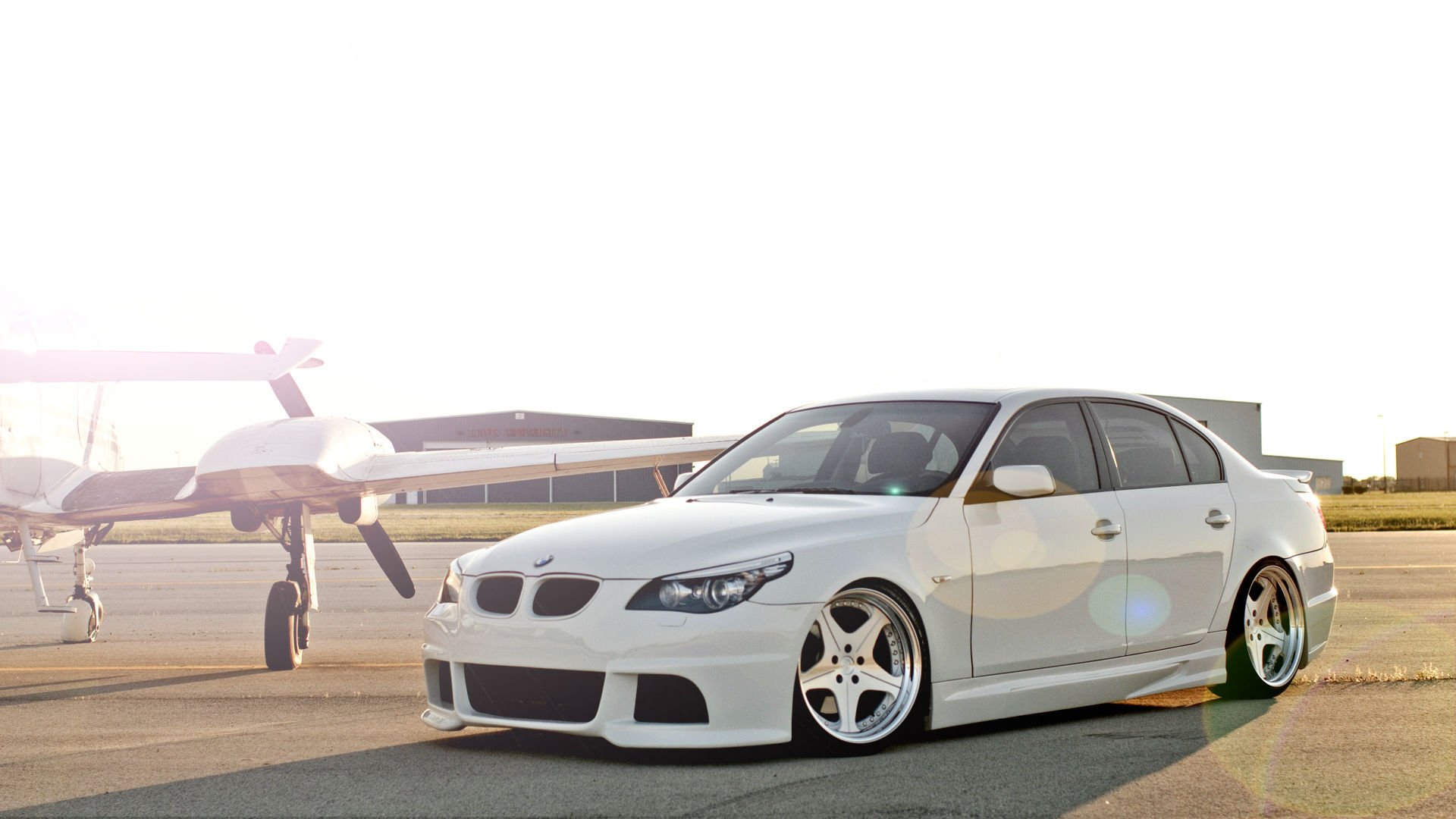 car wallpaper white bmw m5 e60 tuning sun desktop wallpaper white bmw m5 e60 airfield airplane car beautiful standing front