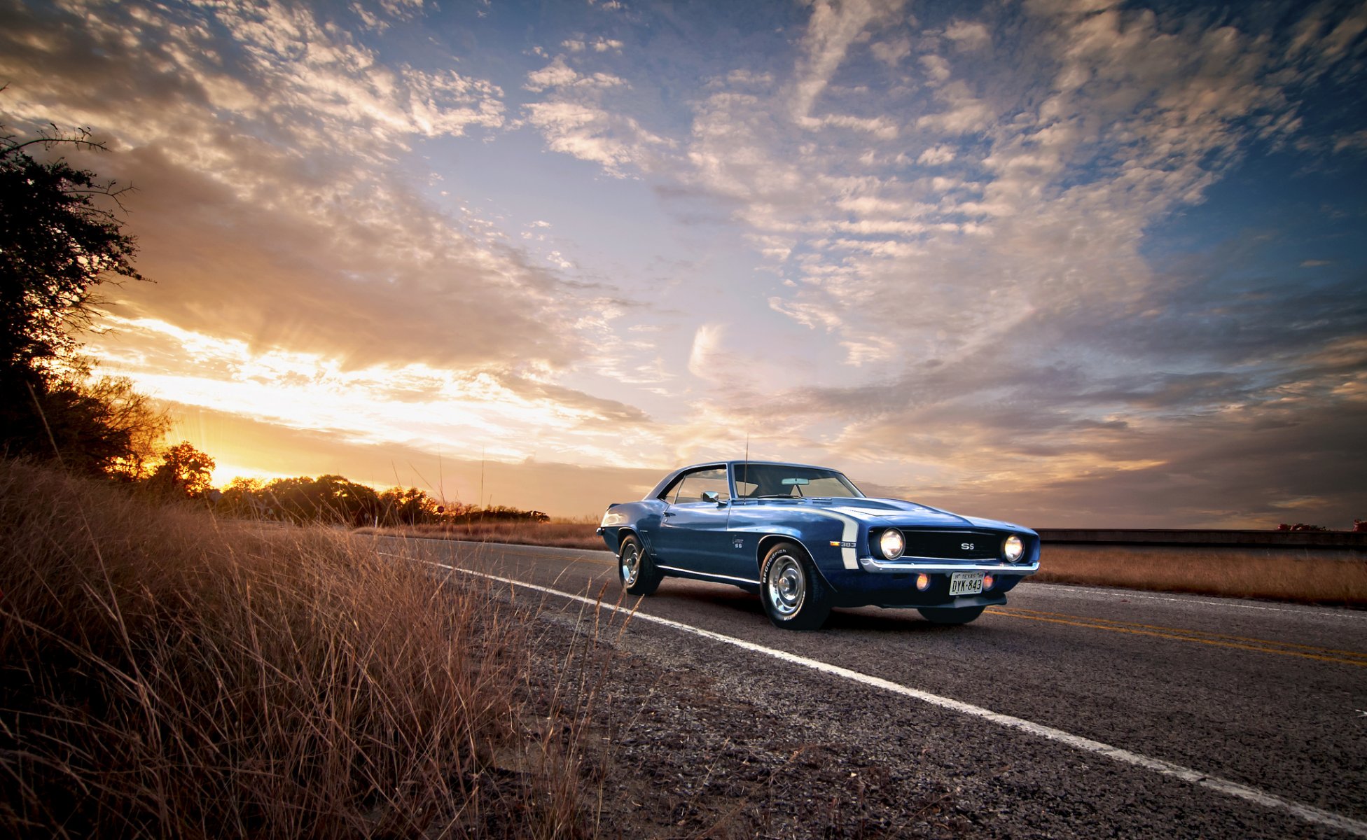 1969 camaro ss chevrolet niebieski klasyczny amerykański muscle sky road