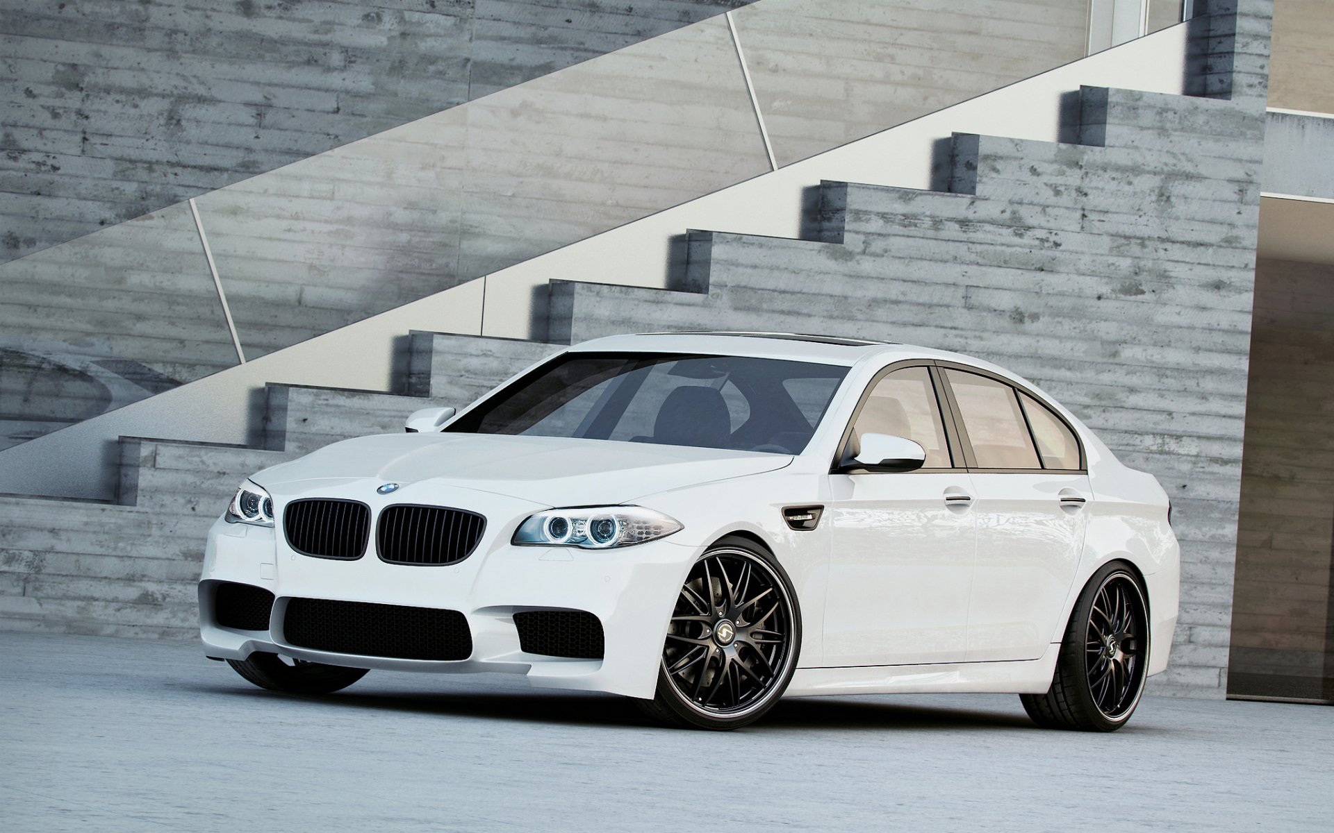 bmw m5 f10 blanc noir roues bmw lumière du jour vue latérale échelle jantes noires