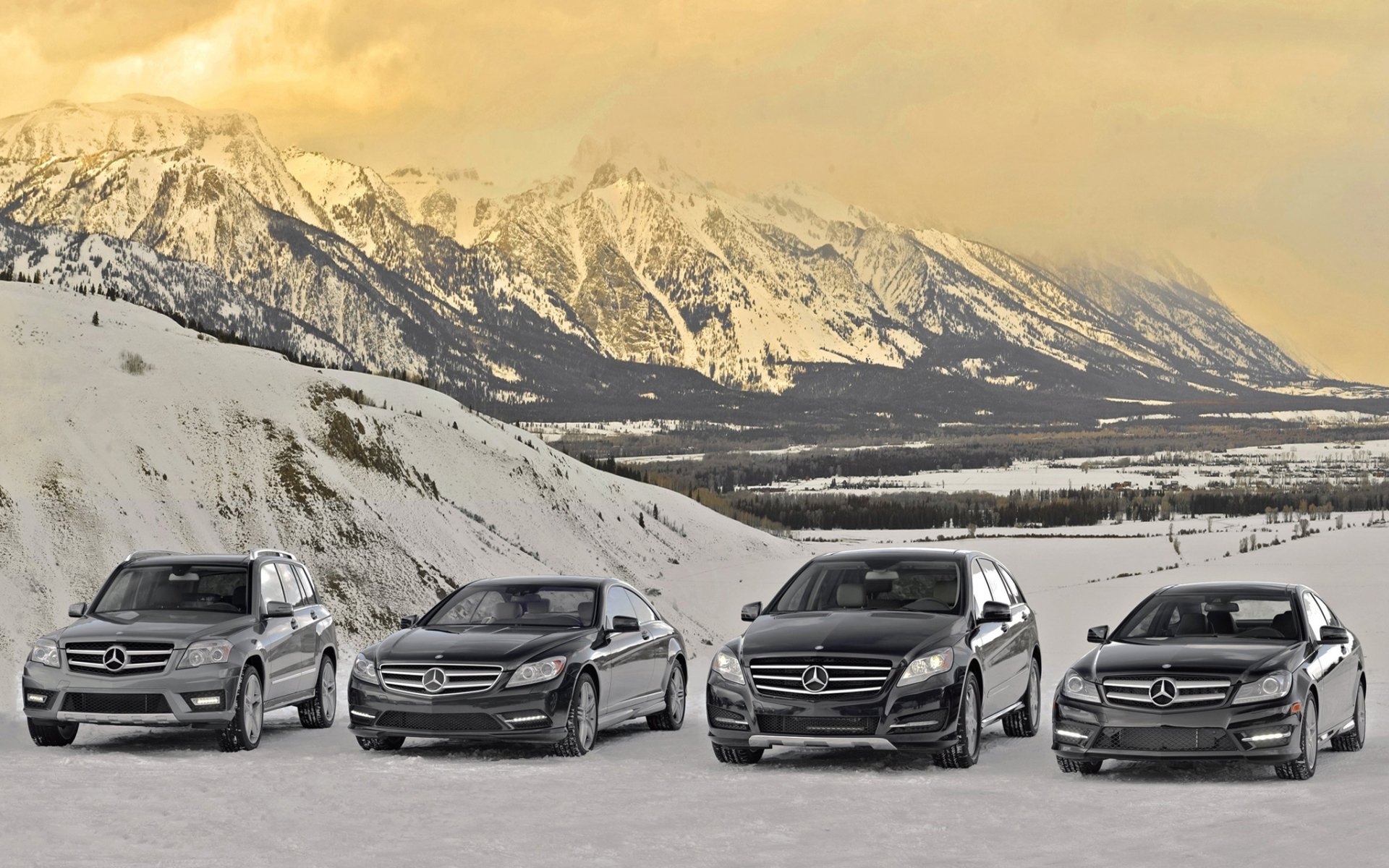 mercedes-benz glk-klasse cl-klasse r-klasse mixto mercedes gama de modelos montañas nieve