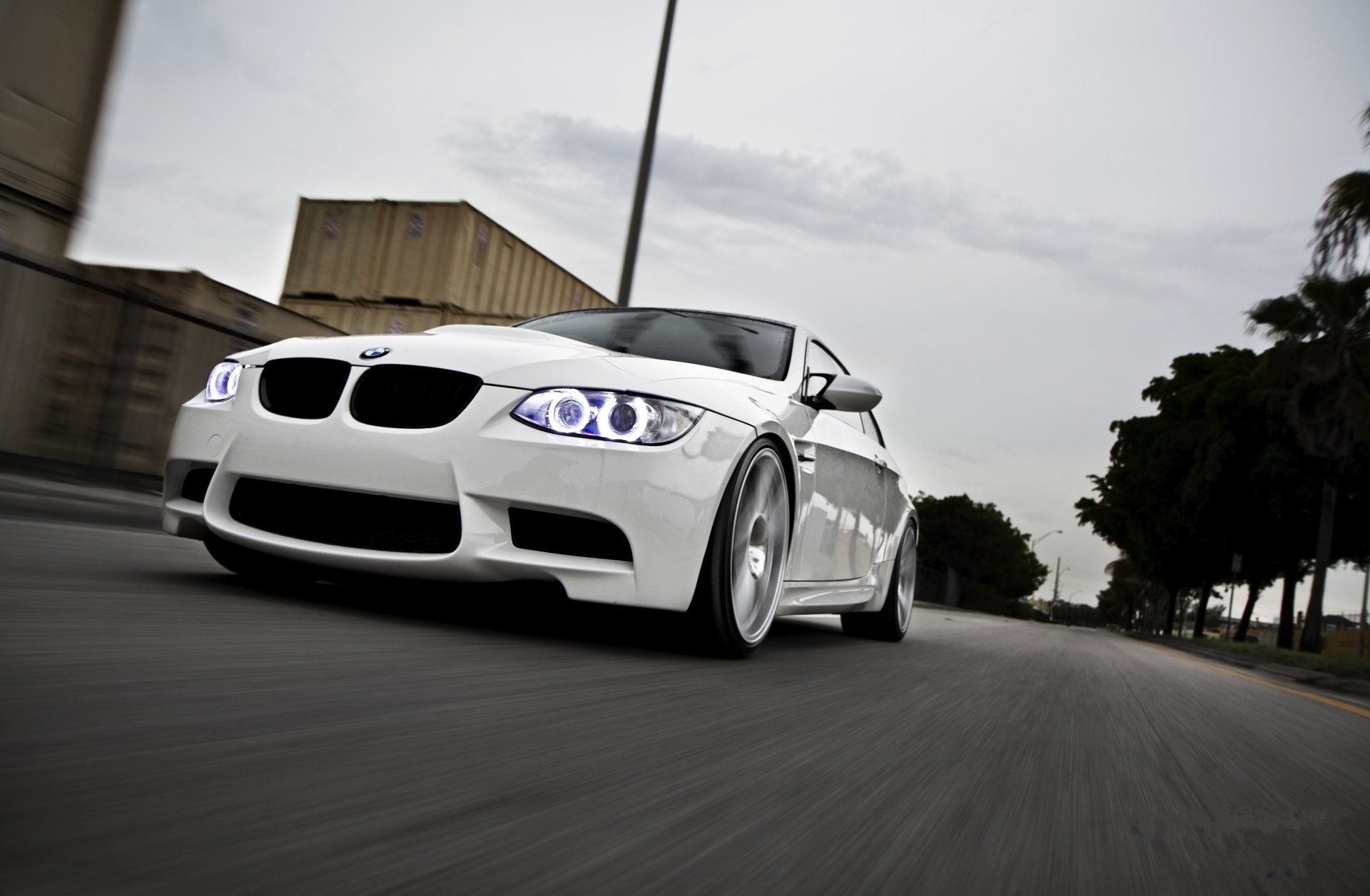 bmw m3 e92 white road speed bmw daylight containers palm trees sky