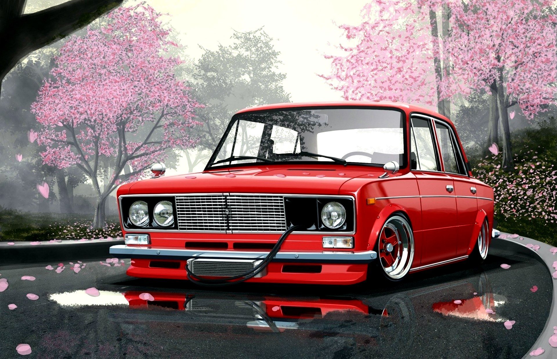 auto tapete kunst vasen japan stil sakura autobahnen rot tapete rot japanisch straße pfützen front zeichnung kunst