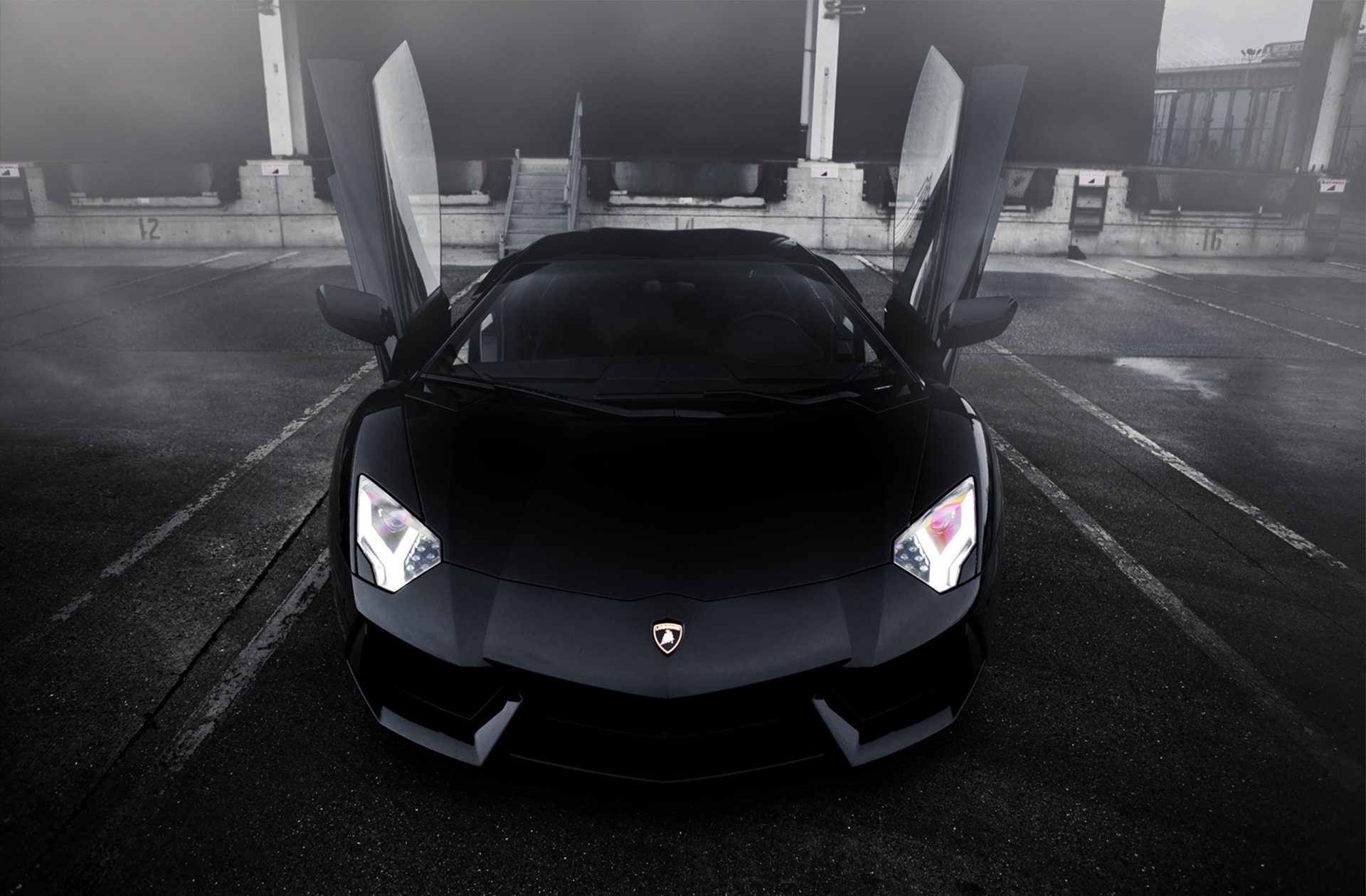 lambo aventador di fronte nero nebbia lambo porta